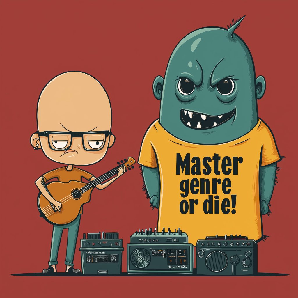 An image created using Midjourney shows the author standing anxiously next to a monster wearing a t-shirt that reads “Master genre or dies!”