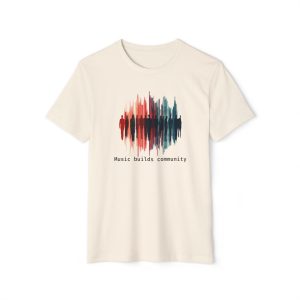 Front: Music builds community; Back: Big Stitch logo